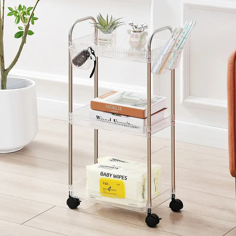 تخزين الرف عربة Ins شفافة عربة صغيرة تخزين الرف الطابق متعدد الطبقات الحمام غرفة نوم وجبات خفيفة لقط الرف متعددة الأغراض
