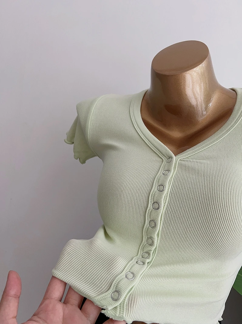Sexy Short Sleeve T-Shirt Women's Short Dancing Top High Waist V-Neck Button Detail Commute Style Korean Fashion Spring Autumn