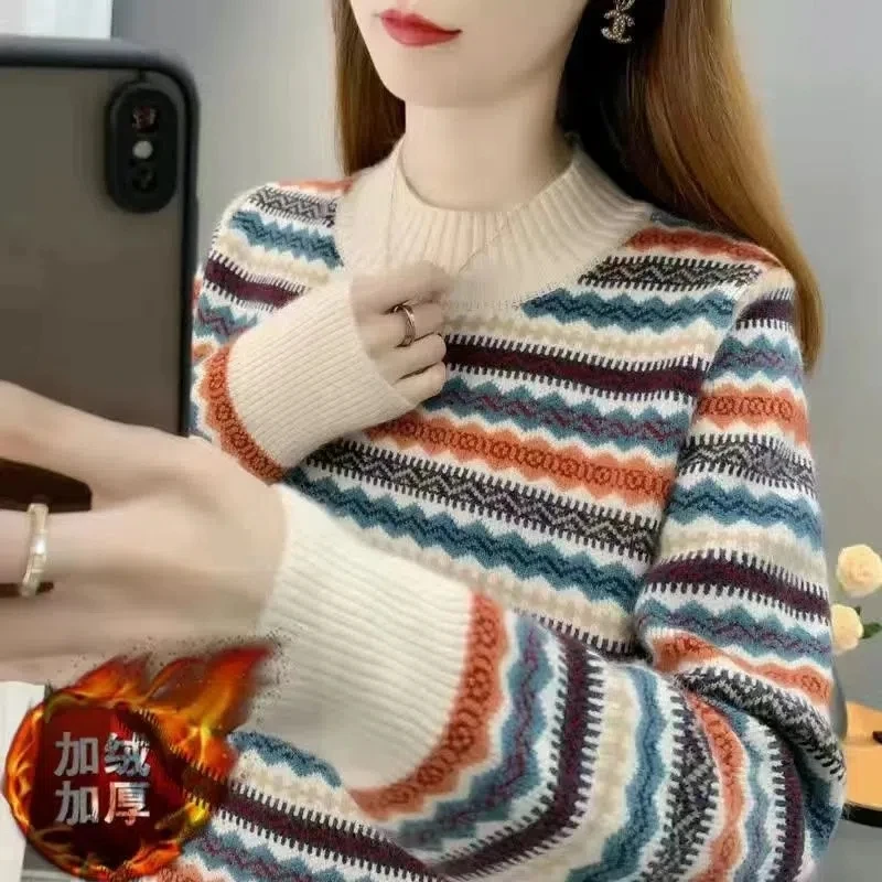 Half high collar women\'s sweater Autumn winter 2025 new loose pullover sweaters warm thicken stripe vintage ethnic style knitwea