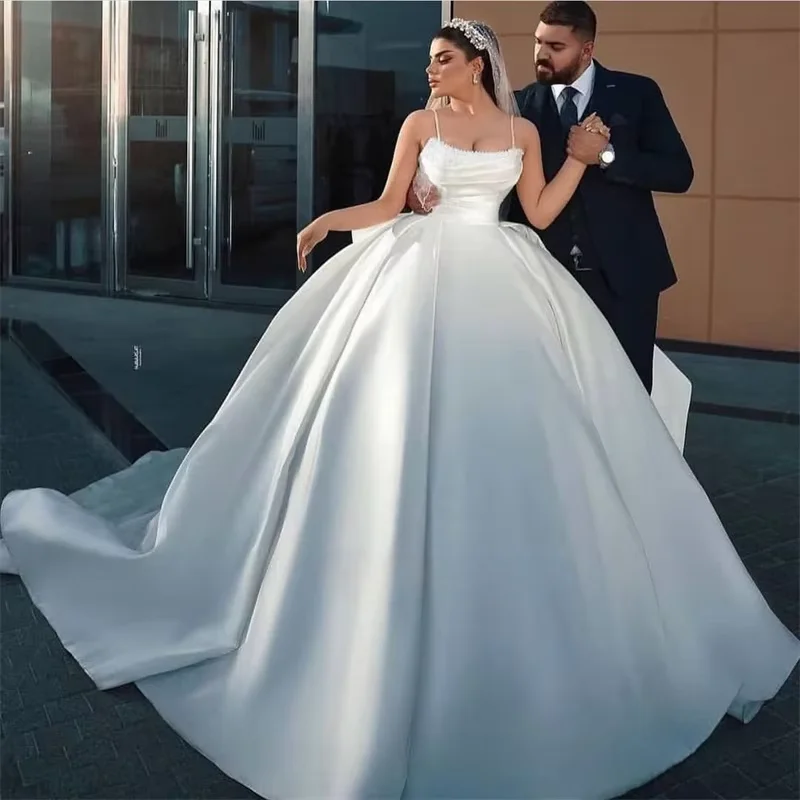 Customized Gorgeous A Line Wedding Dress Satin Beaded Spaghetti Straps Bridal Gown Vestidos De Novia AmandaNovias Official