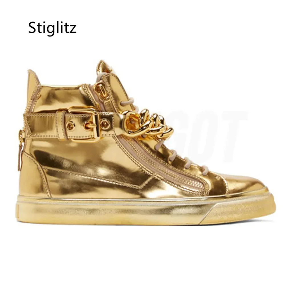 Gold Silver Chain High-Top Men's Shoes Casual Sneakers Shoes Sweat-Absorbing Breathable Mirror Leather Couple Shoes Ankle Boots