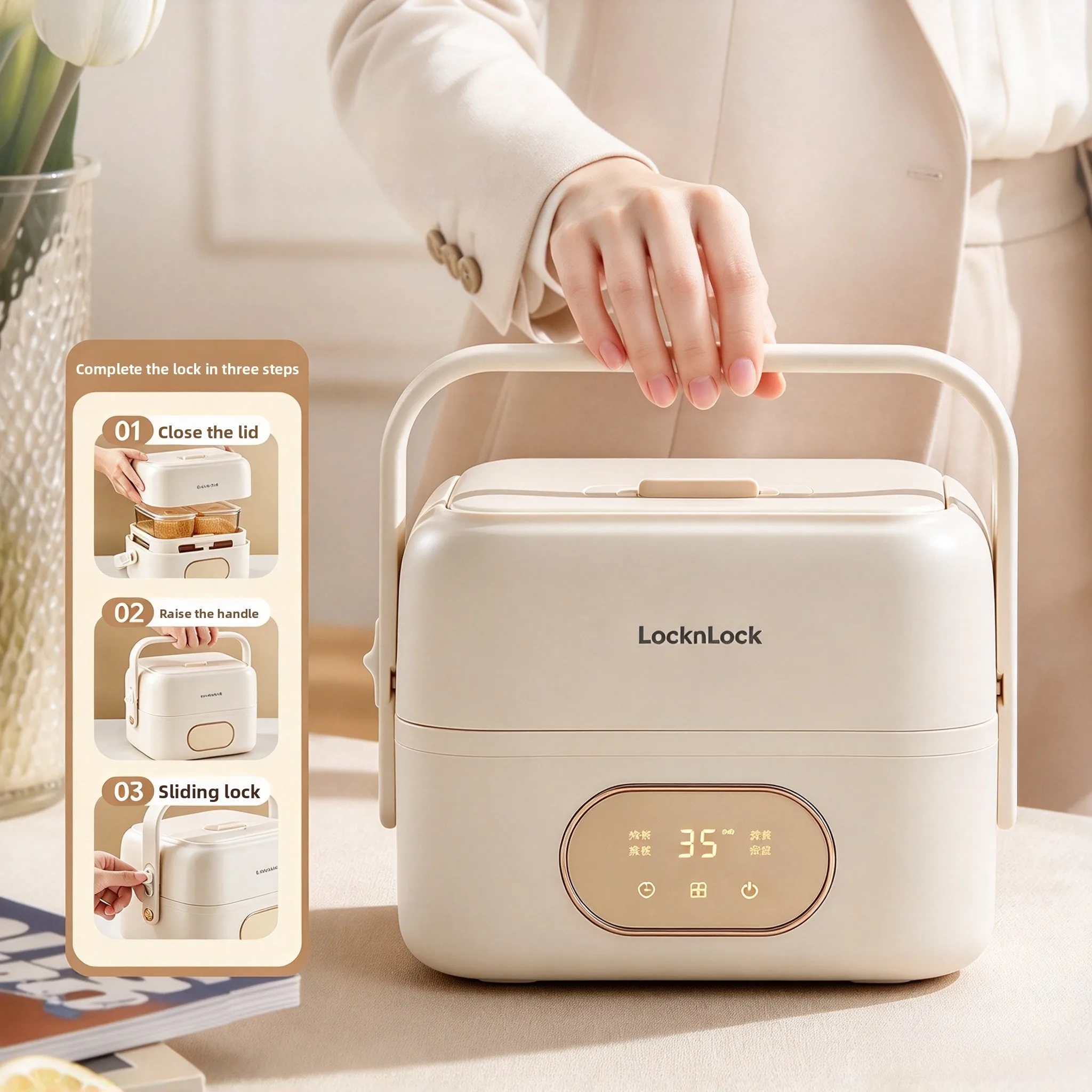 Four-liner Electric Lunch Box 1.4L Water Injection Steaming Bento Box Glass Inner Pot Self Heating Food Box for Office 220V