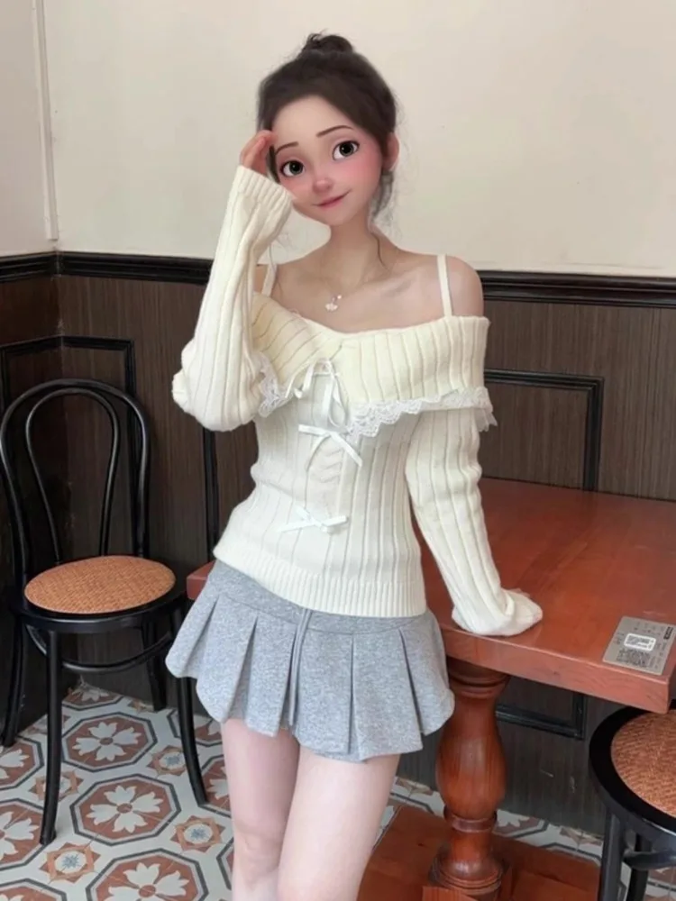 QWEEK Y2k Coquette Lace Sweater Women Kawaii Cute Off Shoulder Knitted Knit Pullovers 2024 Autumn Fashion Korean Kpop