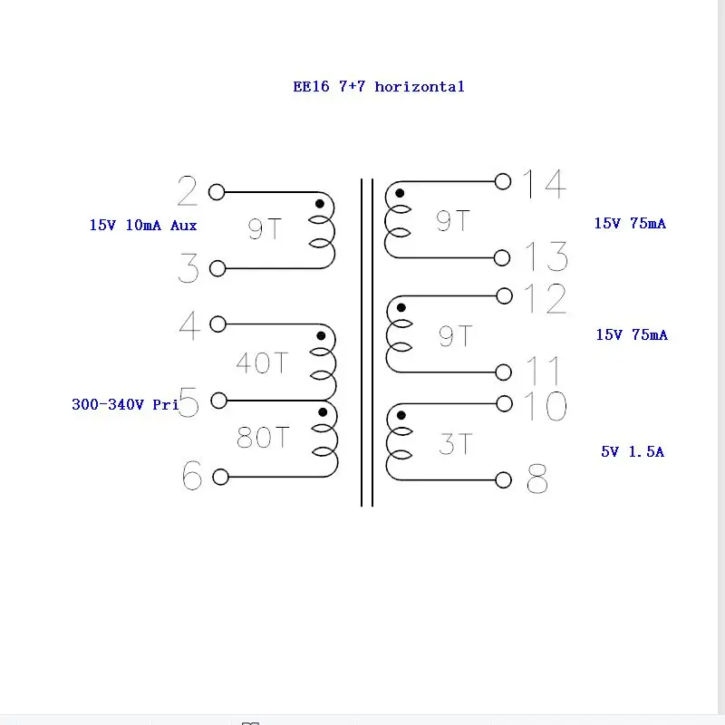 EE16 Viper12A 300-340V to 5V / 15V flyback transformer  SMPS ferrite core transformer horizontal 7+7pin