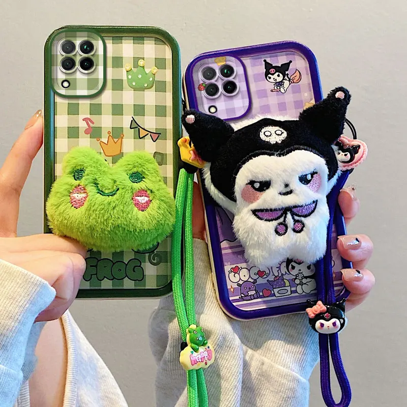 3D Plush Hello Kitty Kuromi Fur Phone Case For Samsung Galaxy A02S A03S A04S A05S A12 A13 A14 A15 5G Lotso Bear Toy Strap Cover