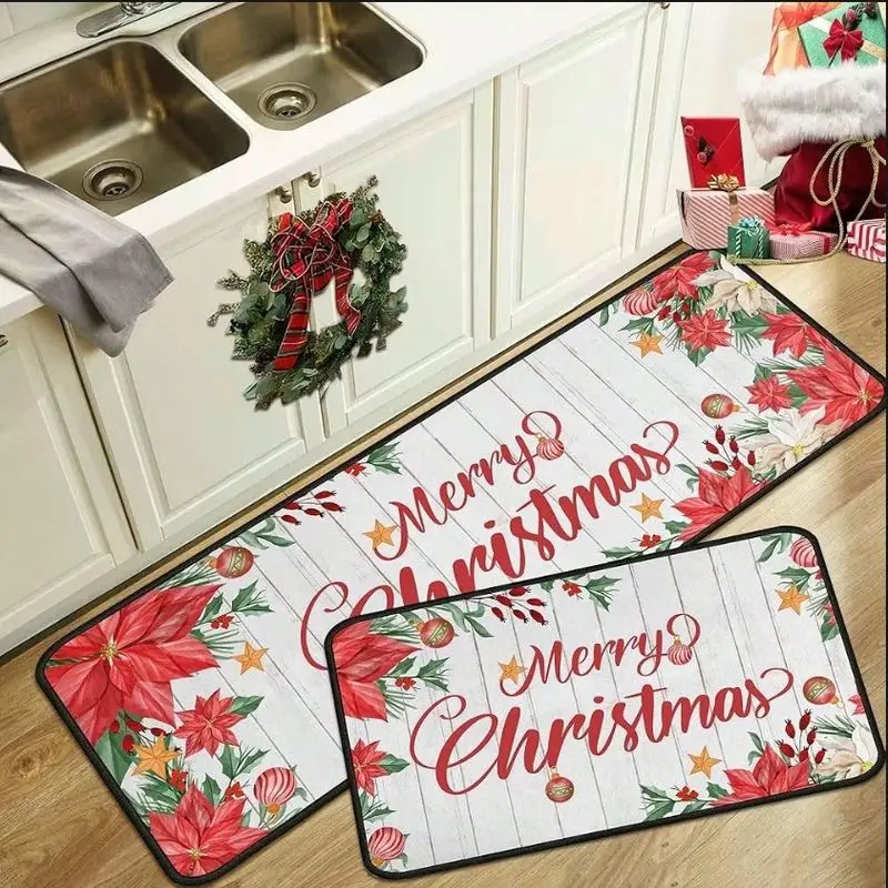 VIKAMA Farmhouse Xmas Let It Snow Letter Rectangle Kitchen Mat Washable Oil Resistant Entryway Hallway Runner Rug Home Decor