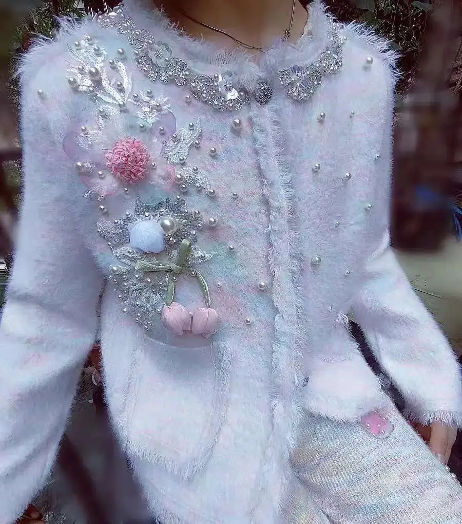 Nowość Jesień Zima 2024 Trend Bg Cekinowy 3D Wers Dias Guziki Dzianinowy Kardigan Damski Słodki Sweter Płaszcz