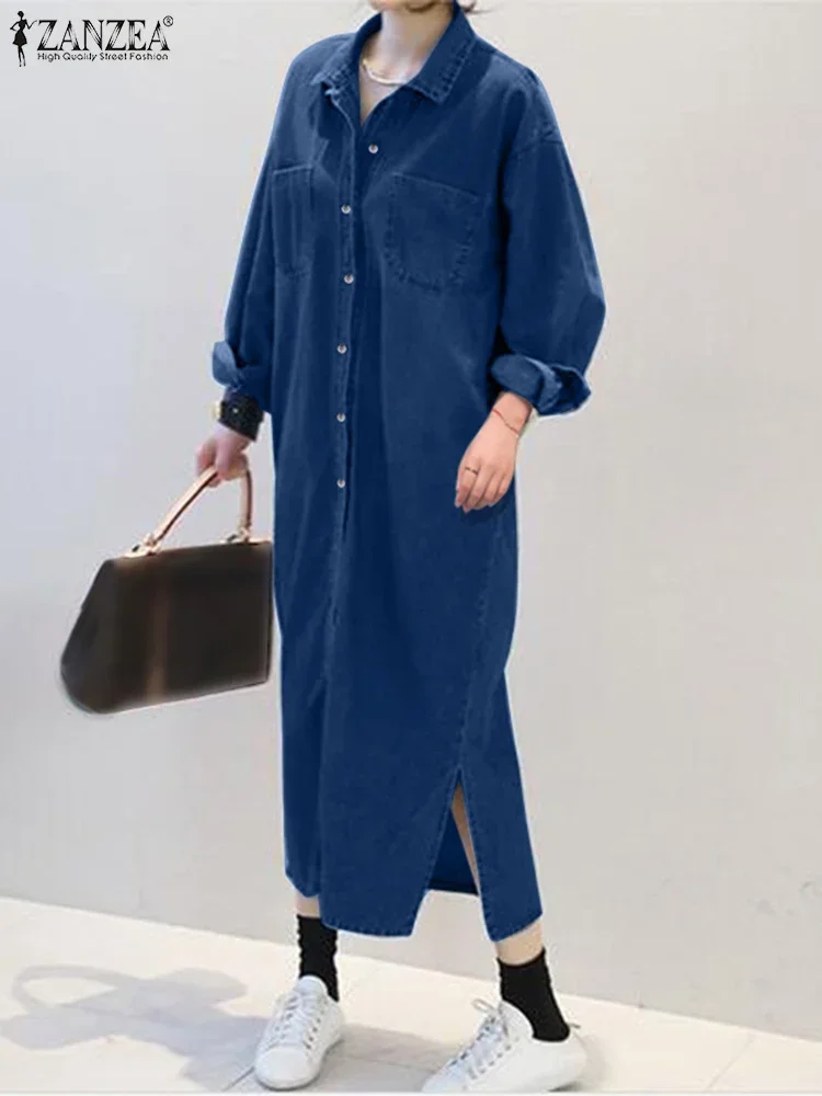 ZANZEA Abito lungo da donna Casual Tinta unita Vestido 2025 Autunno Vintage Open Up Bottoni Abito camicia Chic Risvolto Abito a maniche lunghe
