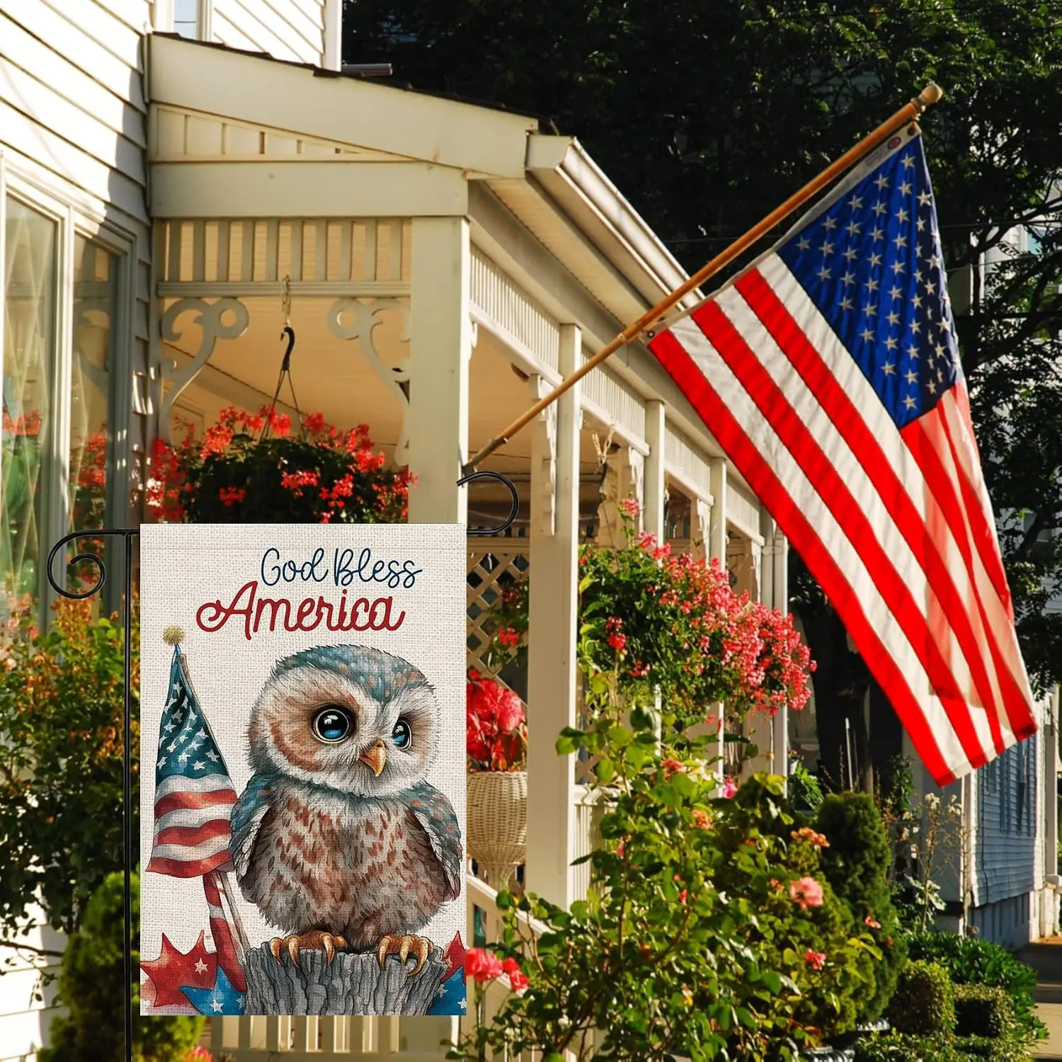 JOYPLUS God Bless America Patriotic Owl Decoration Memorial Day Double Sided Burlap Garden Flag Rustic America Independence  yyi