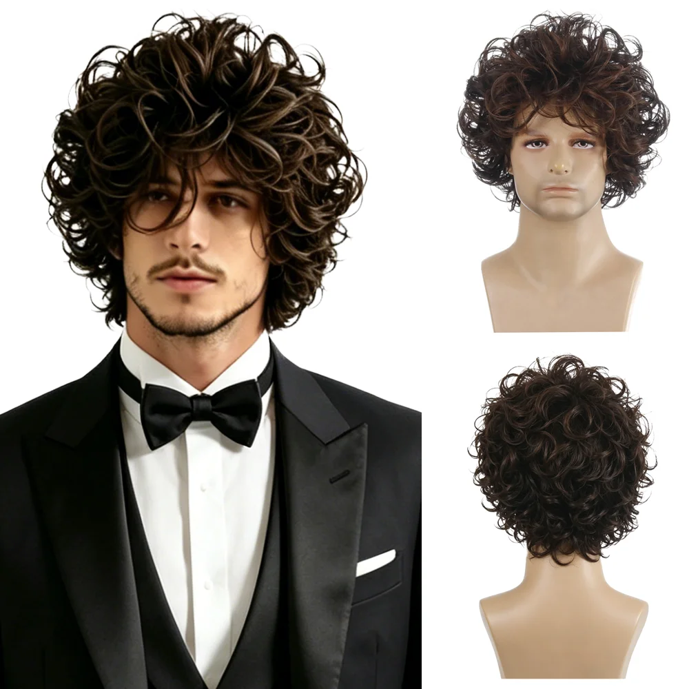 

70s Disco Retro Men's Wig Dark Brown Short Curly Synthetic Wig Natural Fluffy For Men Halloween Cosplay Vintage Party Daily Use