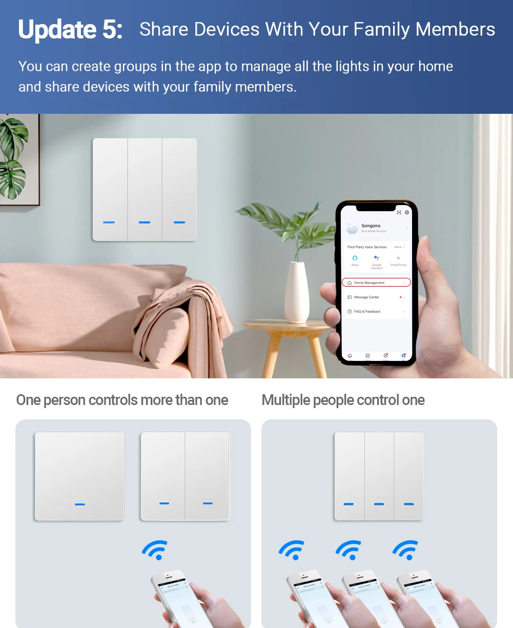 Somgoms WiFi Smart Push Button Switch RF433  No Neutral Required Tuya APP Control Alexa Google Home Voice Control 2/3 Way