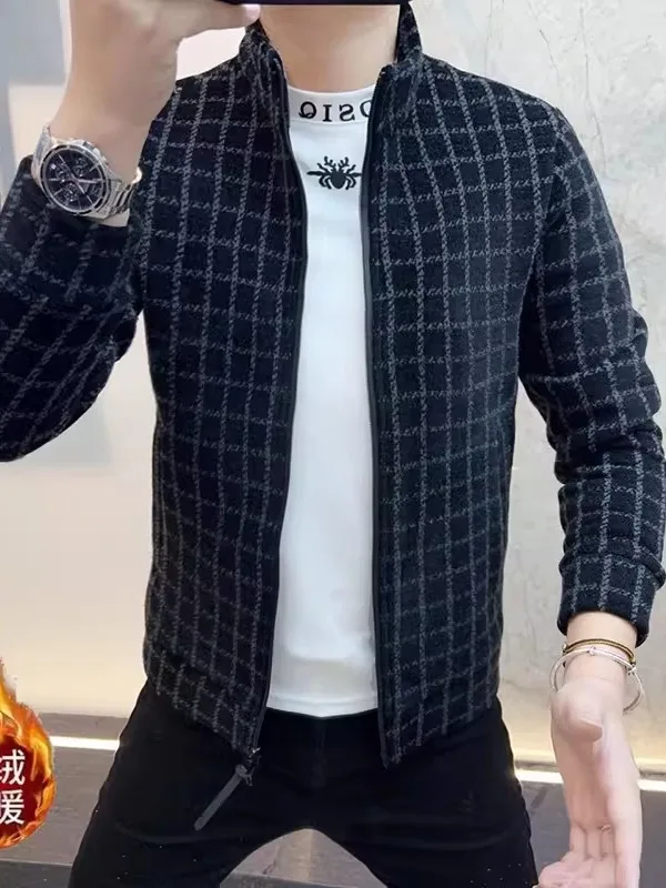

Мужская клетчатая куртка на молнии с воротником-стойкой на подкладке, модная теплая осенне-зимняя повседневная верхняя одежда со стойкой