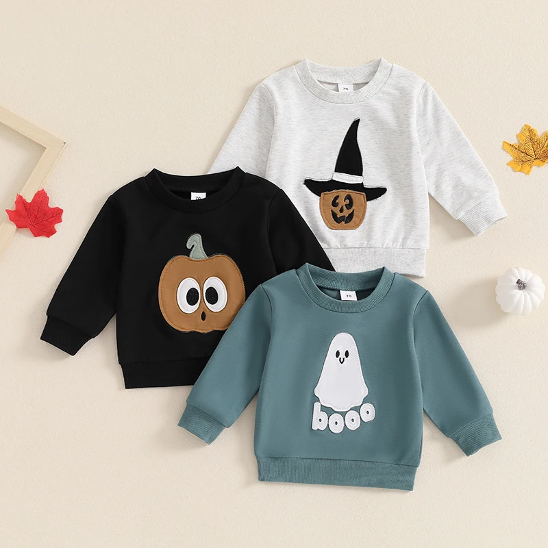 

0-3Y Toddler Girls Boys Sweatshirts Halloween Clothes Ghost/Pumpkin Embroidery Crew Neck Long Sleeve Baby Pullovers Fall Tops