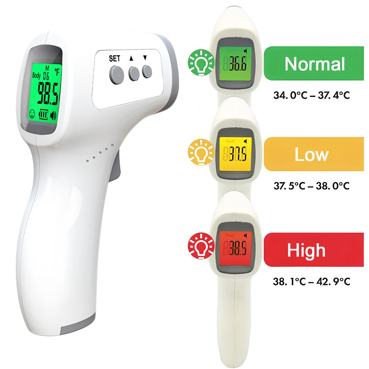 Handheld Body Thermometer Non-contact Tri-color Digital Display Forehead Thermometer Infrared Fever Measure Tool for Adult Kids
