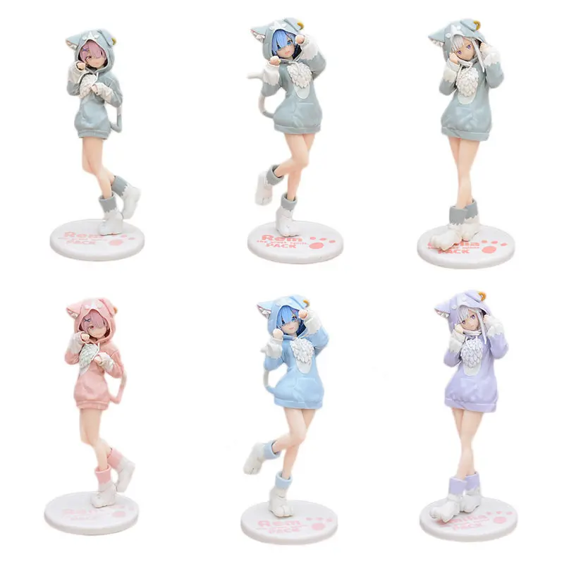 6 Stück Anime Re:Zero Rem Ram Emilia Niedliche Mädchen-Actionfiguren 20cm Puck Cosplay Hoodie Puppe Sammelmodell Spielzeug Desktop-Deko Jungen-Geschenk