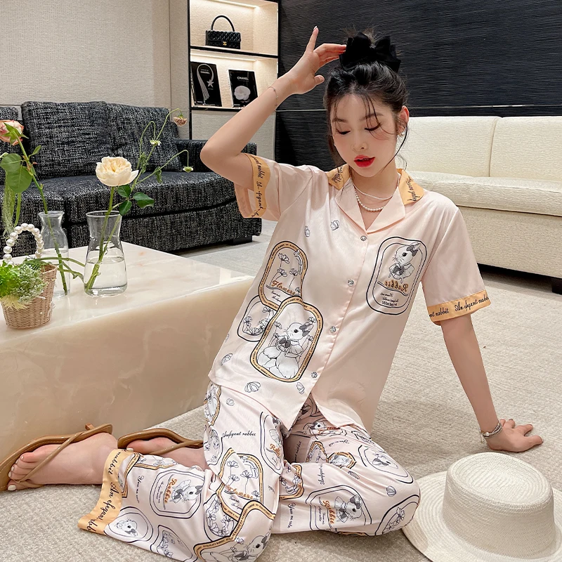 

Women's Pajamas Set Rabbit Print Satin Sleepwear Short Sleeve With Long Pants Nightwear Suit Cute Pink Silk Material Loungewear