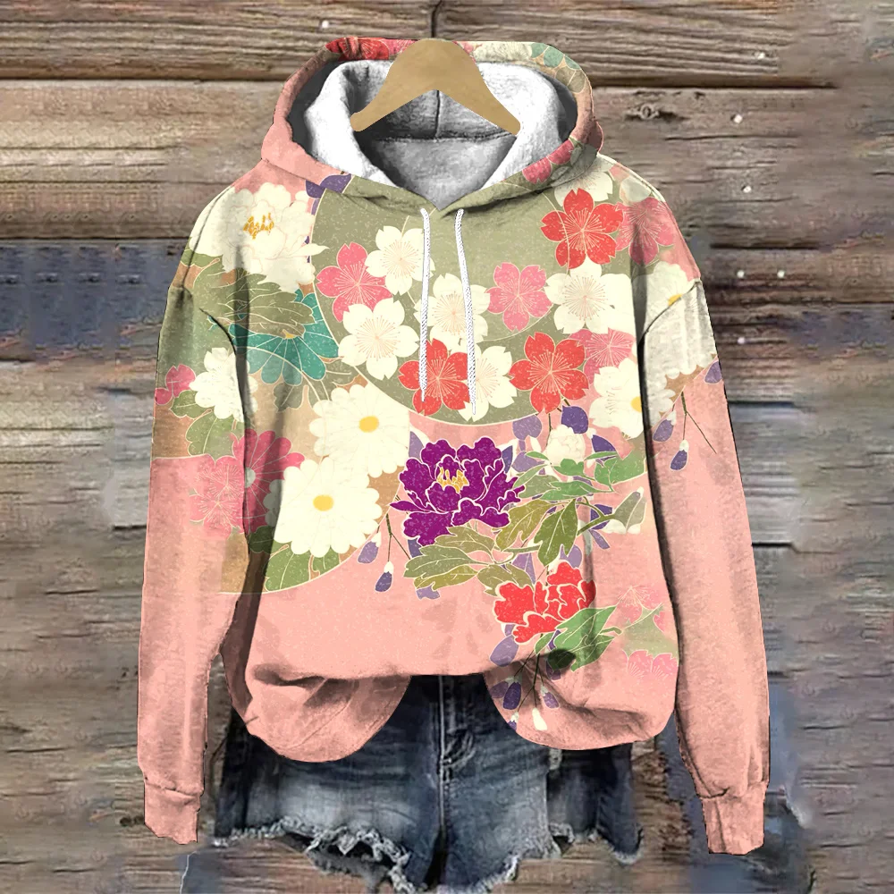 Exquisite Flower Print Harajuku Pullover Hoodies Fashion Autumn/Winter Women's Sweatshirts Loose Long Sleeves Women's Hoodie