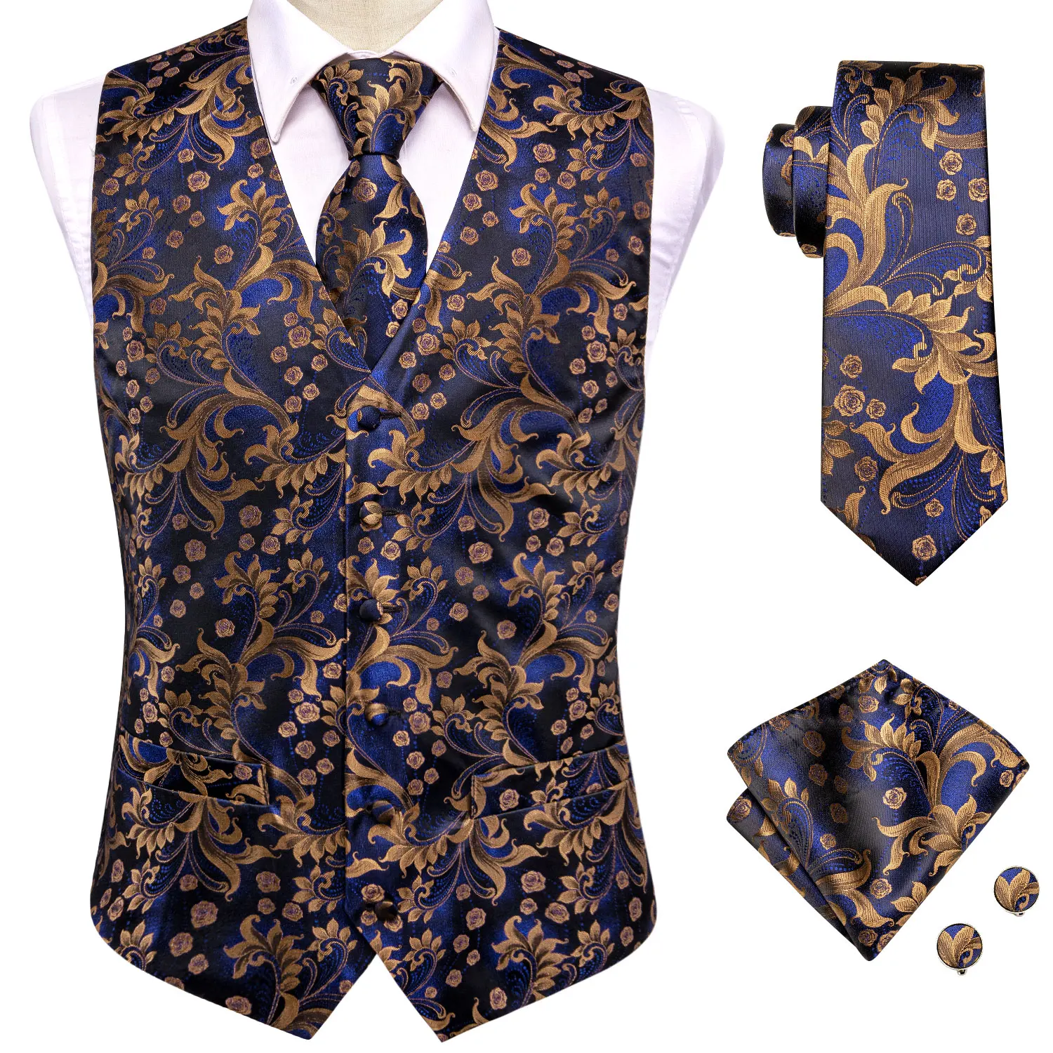 Navy Gold Scroll Jacquard V-Ne - Pocket Square Set 评论和价格