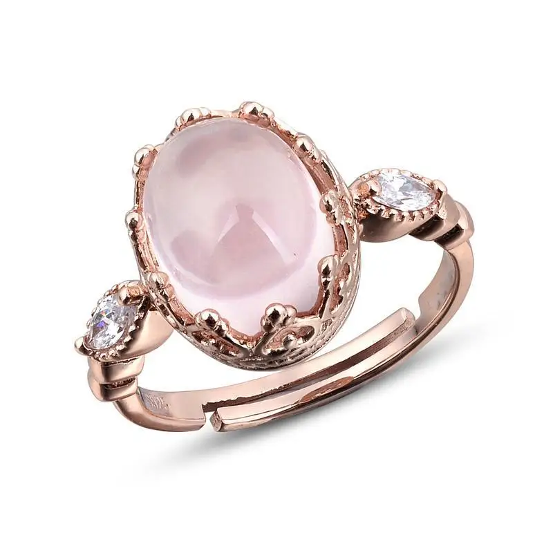 Original new pink crystal hibiscus stone lace side opening adjustable ring elegant charm creative retro silver jeweler