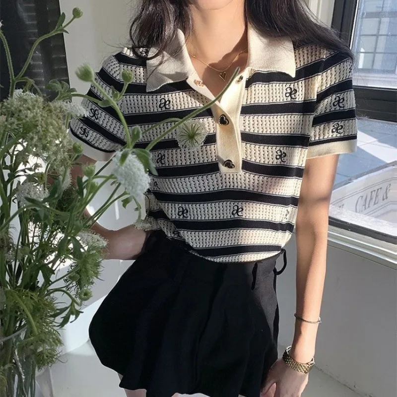 Casual Striped Polo Short Sleeve T-Shirt Summer High Quality Crop Top Women Loose Knit Women Clothes Hollow Out