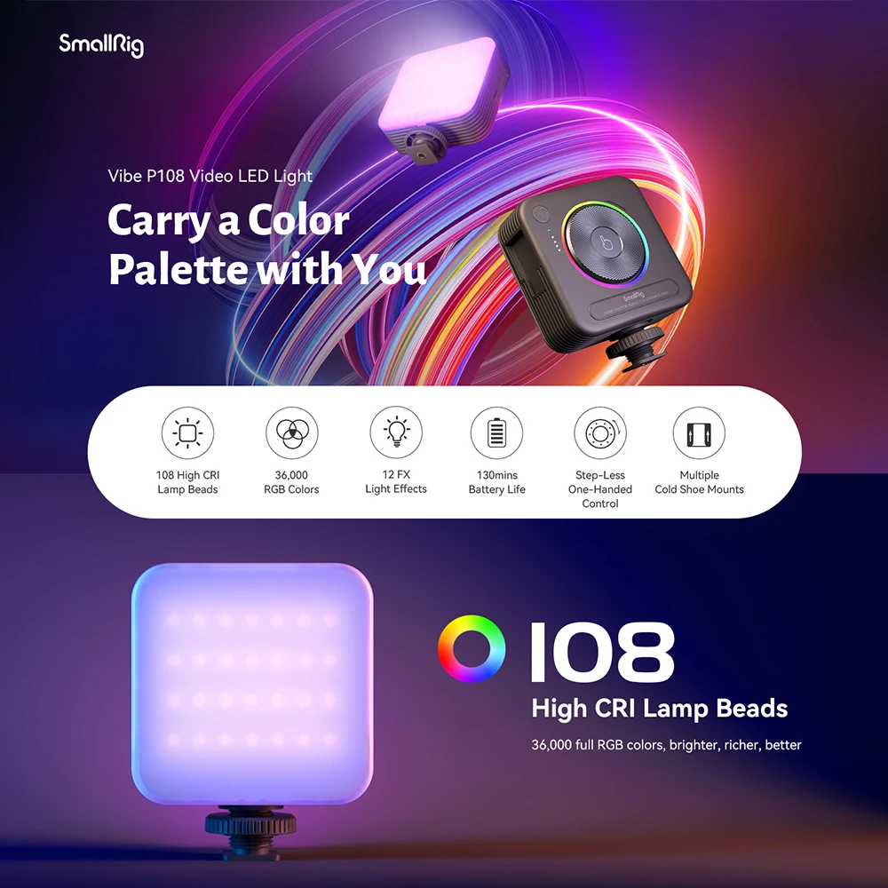 SmallRig P108 RGB Video Light,Portable LED Camera Lights 360° Full Color Photography Lighting ,2500mAh Rechargeable On-Camera