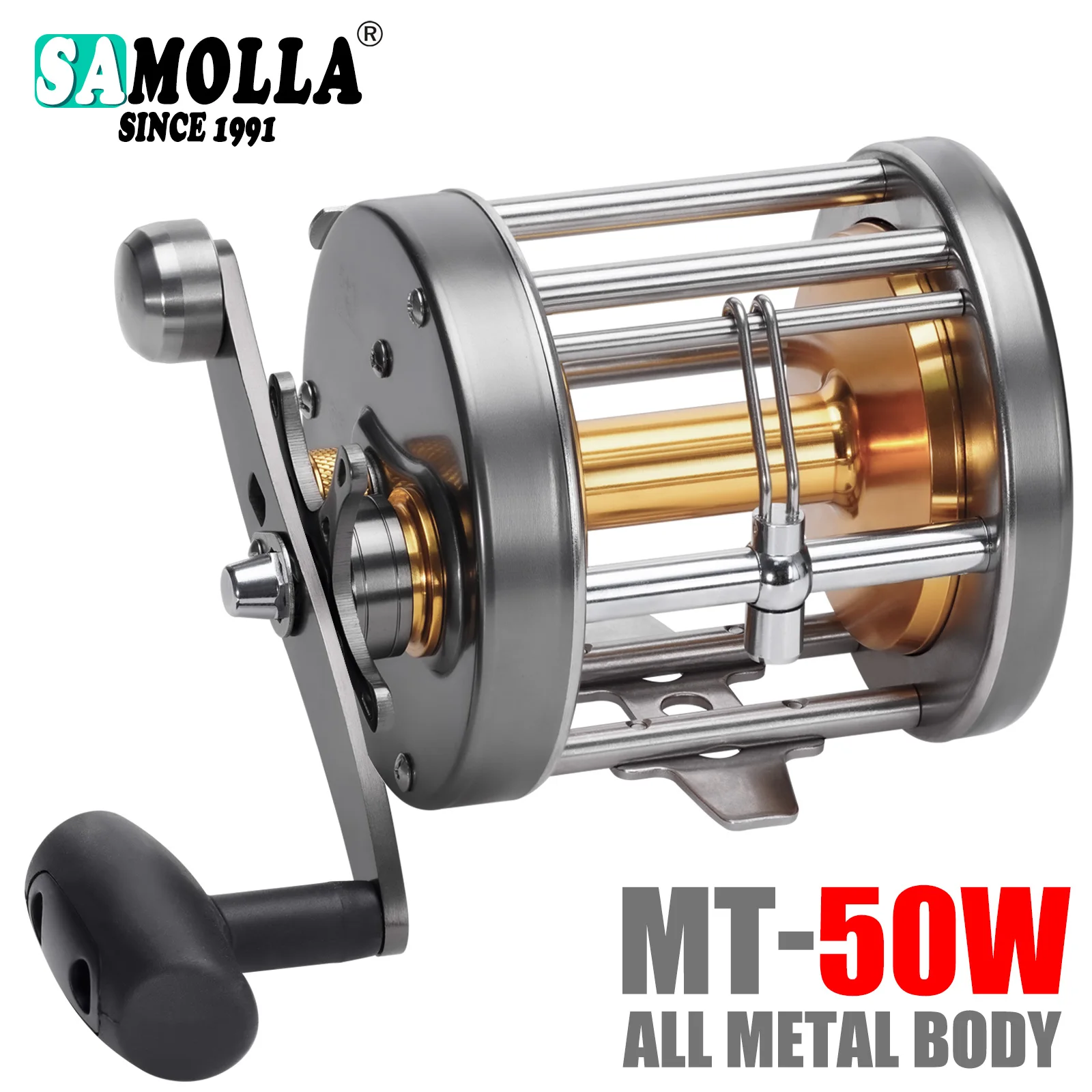 samolla trolling carretel de pesca 50w serie corpo principal carretel de aluminio botao de alarme ajuste da forca do freio mar profundo aco inoxidavel 01