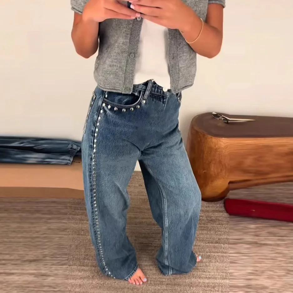 

Рваные джинсы с высокой талией, прямого кроя, с эффектом потертости, декорированные нашивками, удлиненные, уникальный дизайн, повседневные, из хлопка