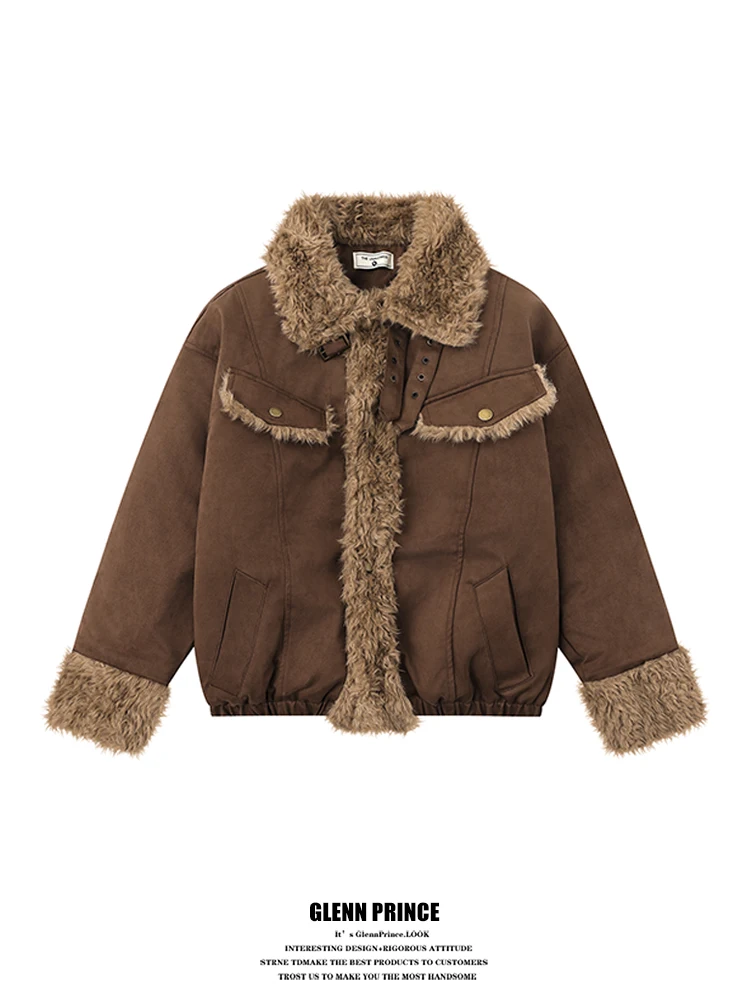 

GPstudio Men's Thiened Lamb Fur Collar Cotton Jaet Loose Fit Warm Suede Coat Youth Faion Long Sve Button Closure