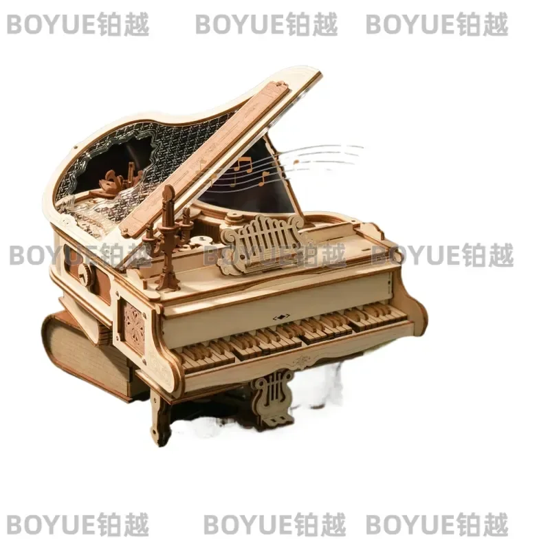 Wooden 3D Puzzle Music Box Piano Model DIY Assembly Kit Handmade Mechanical Building Blocks Creative Gift for Adults