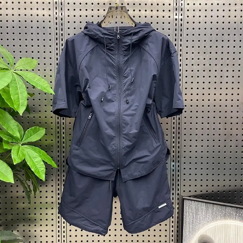 

Комплект летней быстросохнущей куртки с капюшоном и шорты для пар, свободный повседневный уличный топ с коротким рукавом и шорты, мужская одежда