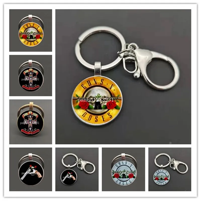 2021 Trendy Guns n Roses Keychains Art Picture Glass Dome Logo Keyring Steampunk Music Band Key Chain