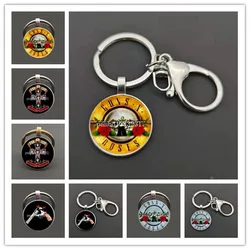 2021 Trendy Guns n Roses Keychains Art Picture Glass Dome Logo Keyring Steampunk Music Band Key Chain