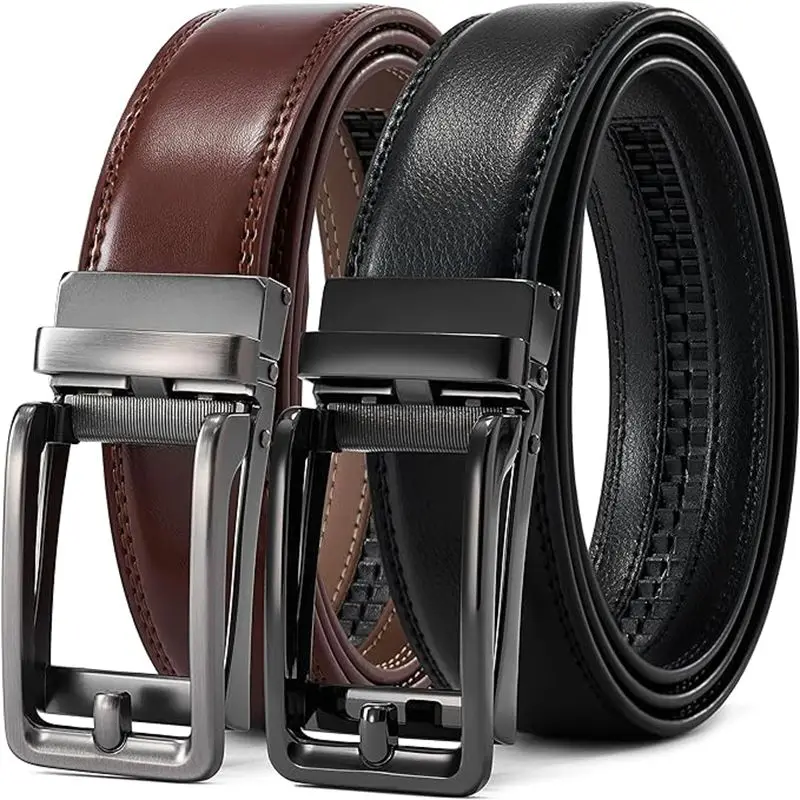 

PlusZis Black with Automatic Buckle Brown Automatic Buckle Two Pack Men's Leather Ratchet Fashion Business Dress Belt