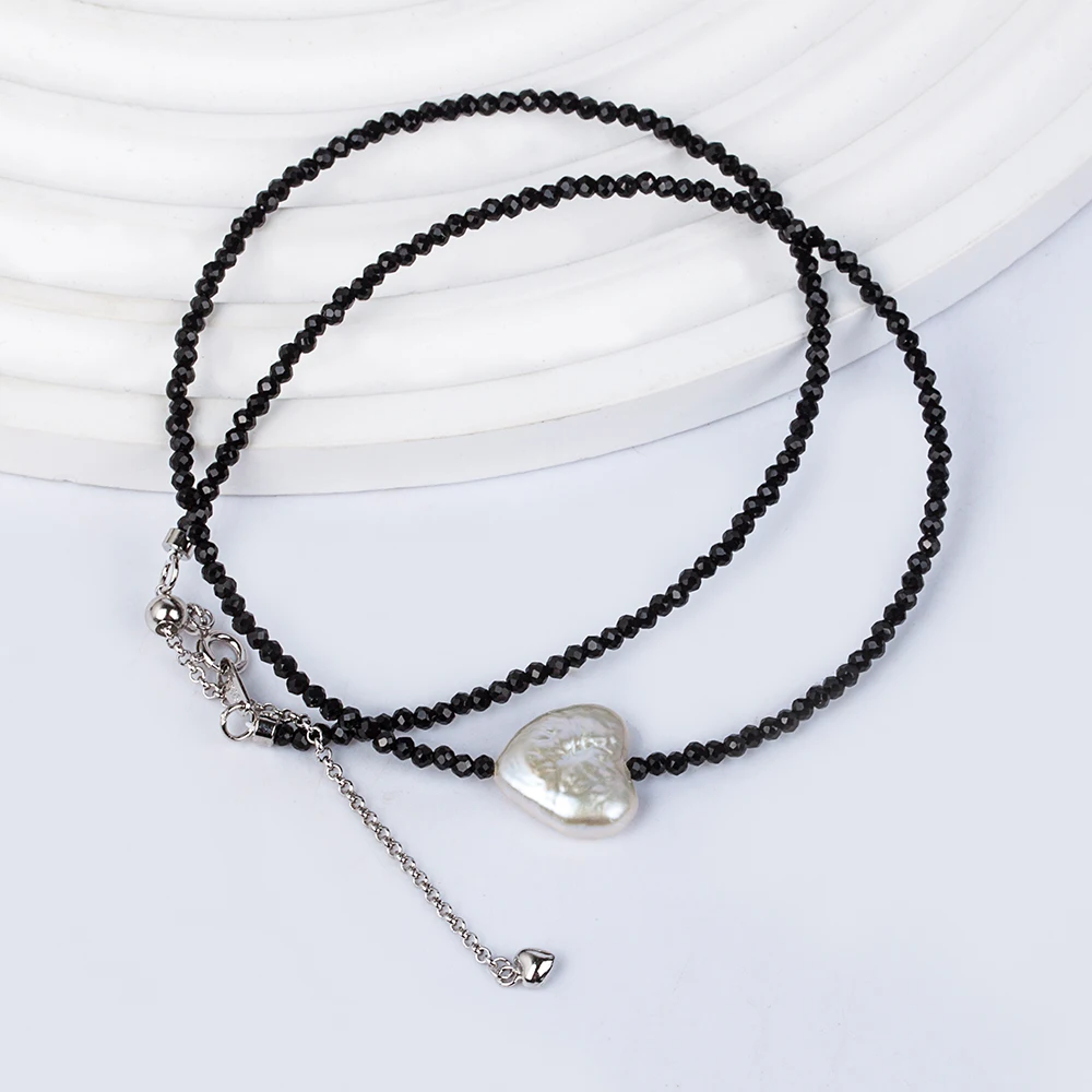 Skinny Black Crystal Chain - Natural Heart Shape Freshwater Pearls, 18" Fine Jewelry, Delicate Look PN028