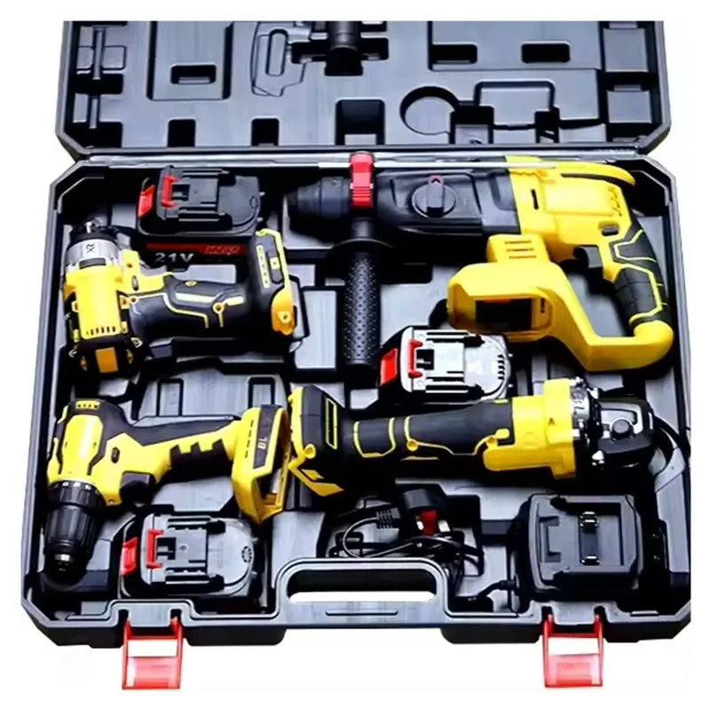 

Set of 4pcs Power Tools Kits Portable Lithium Electric Hammer Drill Brushless Angle Grinder Cordless Wrench Combination Tool Set