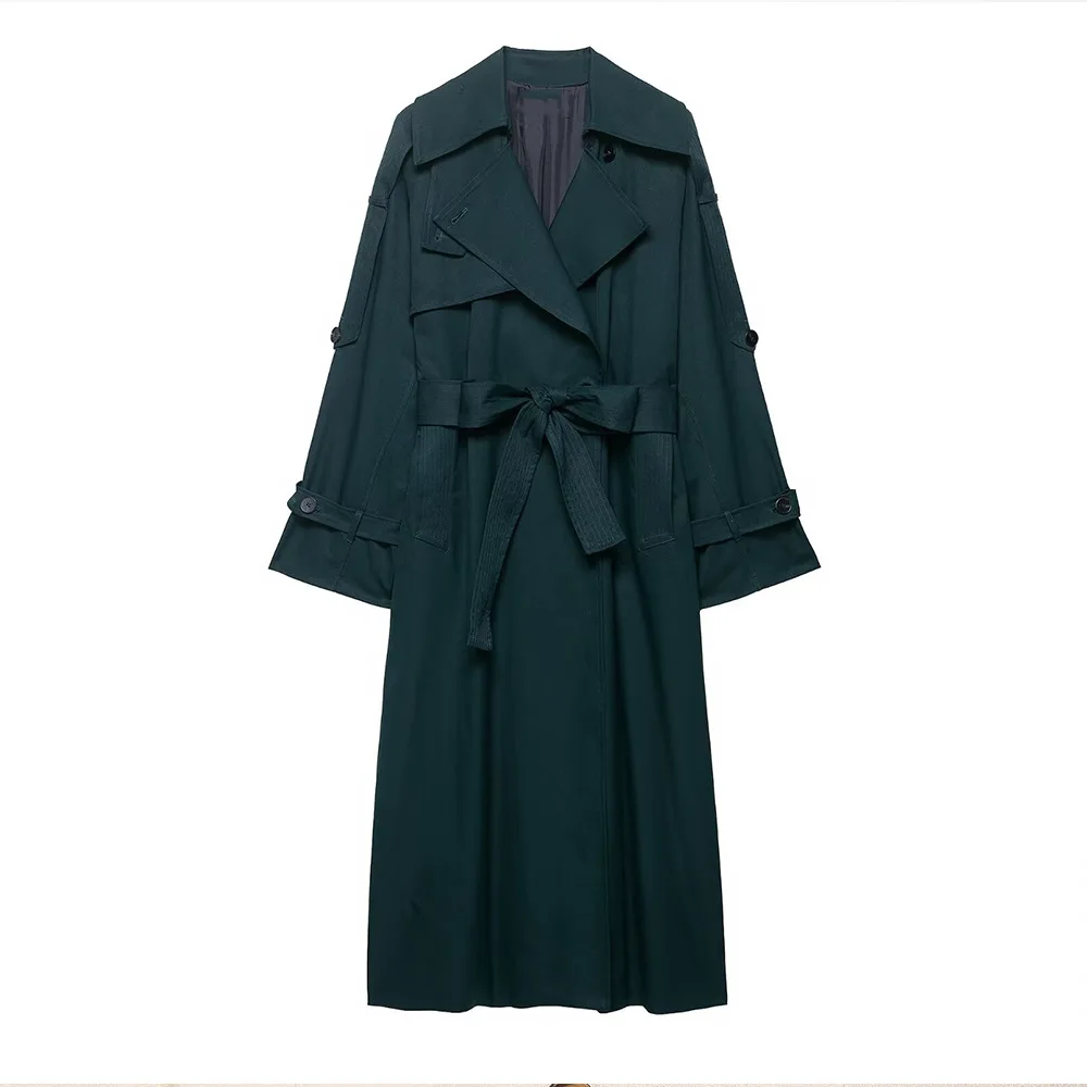 

Woman's Loose Long Coat with Belt Loose Lapel Button Lace-up Solid Color Trench Coat Commuting Early Autumn Female Chic Top