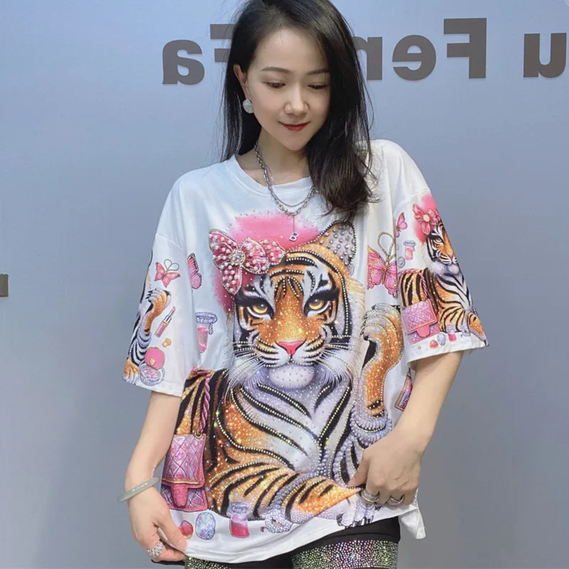 # 0233 Черная, белая, розовая футболка с 3D принтом тигра, женская футболка с коротким рукавом, свободная уличная футболка в стиле хип-хоп, летняя футболка с бриллиантами и жемчугом # 0233 Черная, белая, розовая футболка с 3D принтом тигра, женская футболка с коротким рукавом, свободная уличная футболка в стиле хип-хоп, летняя футболка с бриллиантами и жемчугом