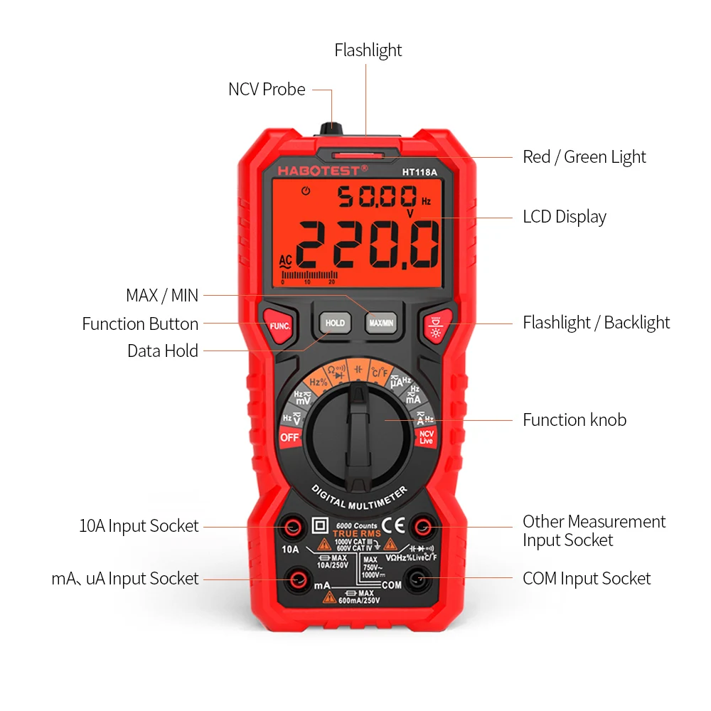 HT118A Digital Multimeter Auto Range Multi-meter 6000 Counts True RMS Measuring AC/DC Voltage Current