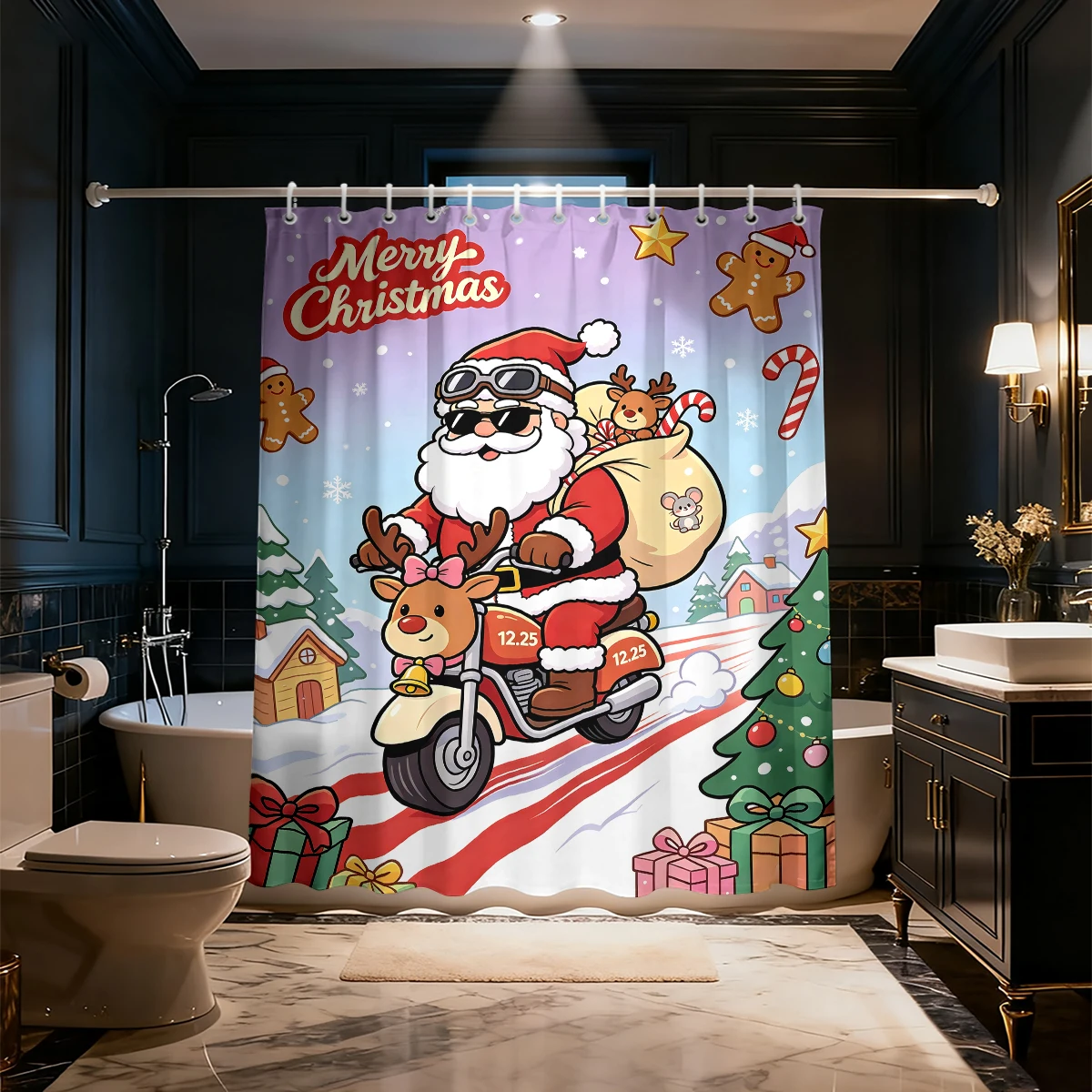 90G Waterproof Shower Curtain Santa Claus Motorcycle Cartoon Print Soft Bath Curtain