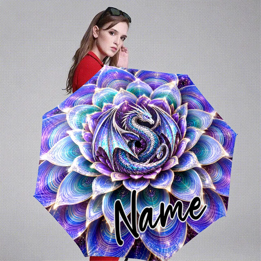Custom Name Umbrella Coiled Blue Dragon with Lotus Petals 8 Iron Ribs Folding Umbrella Auto-Open Fashion Sunshade