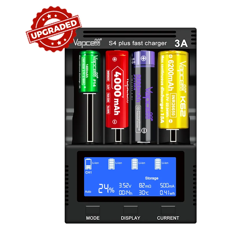 Intelligent Vapcell S4 Plus V3.0 Fast Charger 4 Slots 12A Powerful Lithium ion Battery Charger With NEW Storage Mod Adapter