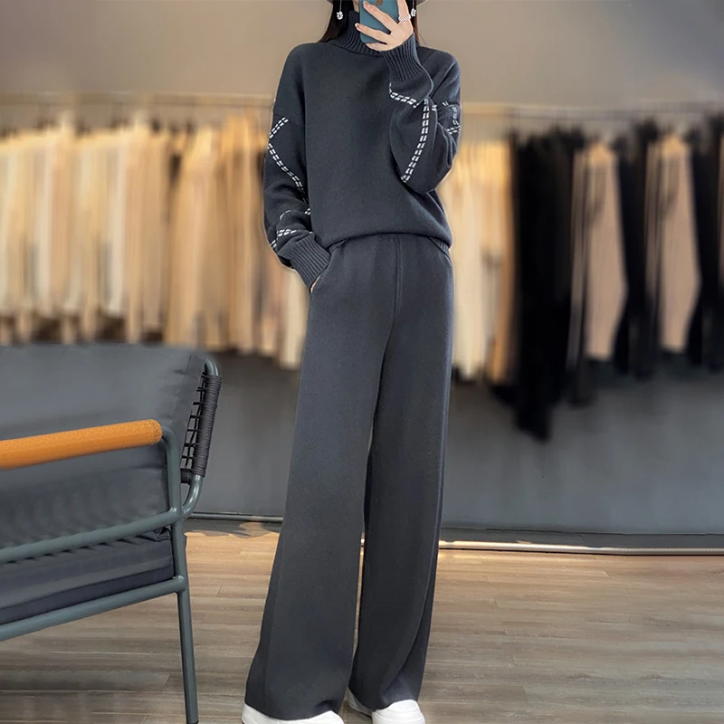 RONGYI Women Suits 100% Wool Knitting Pant Ladies Sweater+Wide Leg Pants Autumn Winter Solid Color Soft Warm Pullovers Female