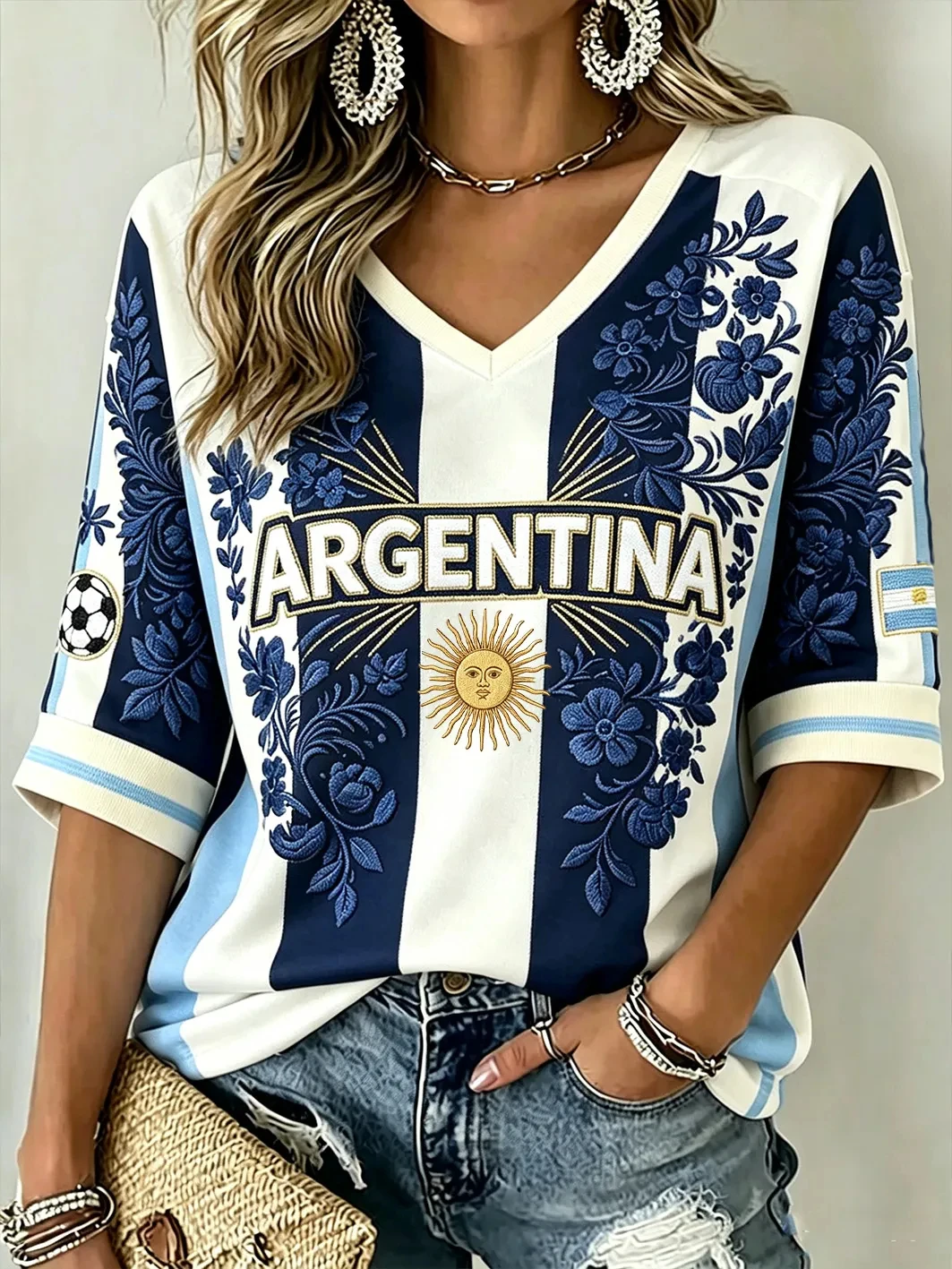 Women's Argentina Striped Color-Blocking Design Floral Pattern Print Mid-Length Sleeves V-Neck T-Shirt Football Cultural T-Shirt