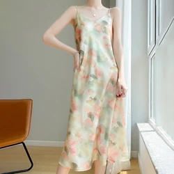 Women's printed dress summer silk sling A-line skirt satin and calf evening dress simple/elegant party V-neck dance dress