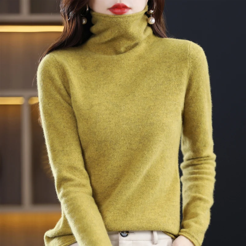 100% Pure Wool Women Sweater Autumn Winter Fashion Pile Collar Pullover Cashmere Sweater Casual Long-sleeved Knitted Tops