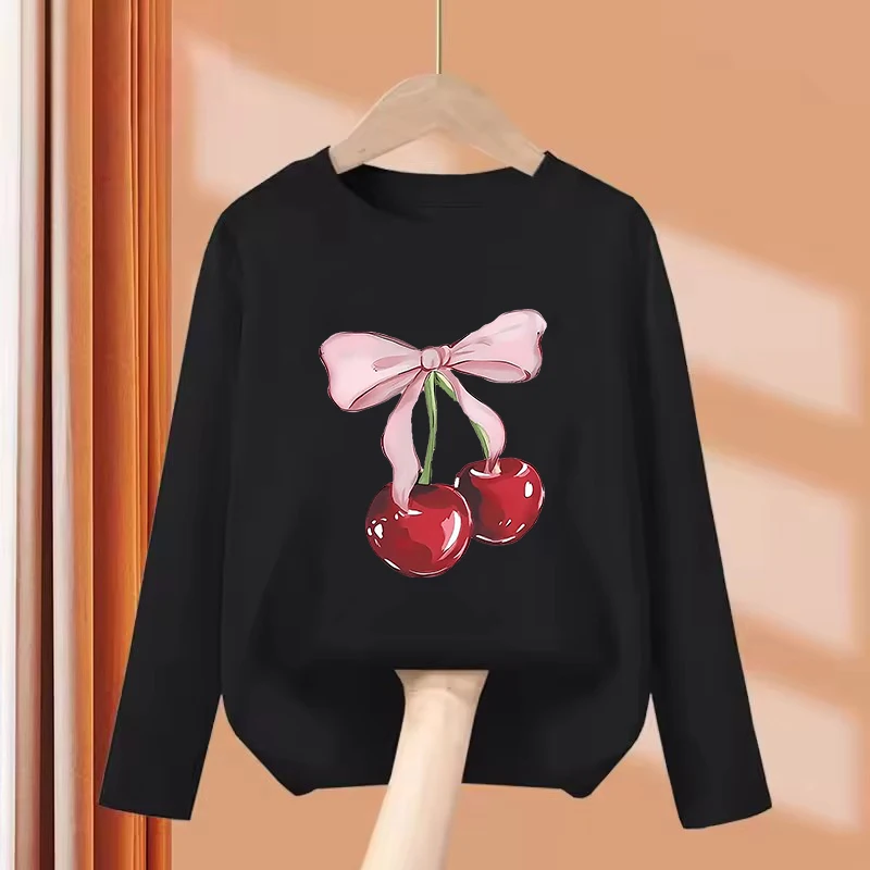 Long Sleeve 2026 Girls Y2k Bow with Cherry Fashion T Shirts Kids Children's T-shirt Girls Summer Spring Casual Top Tee