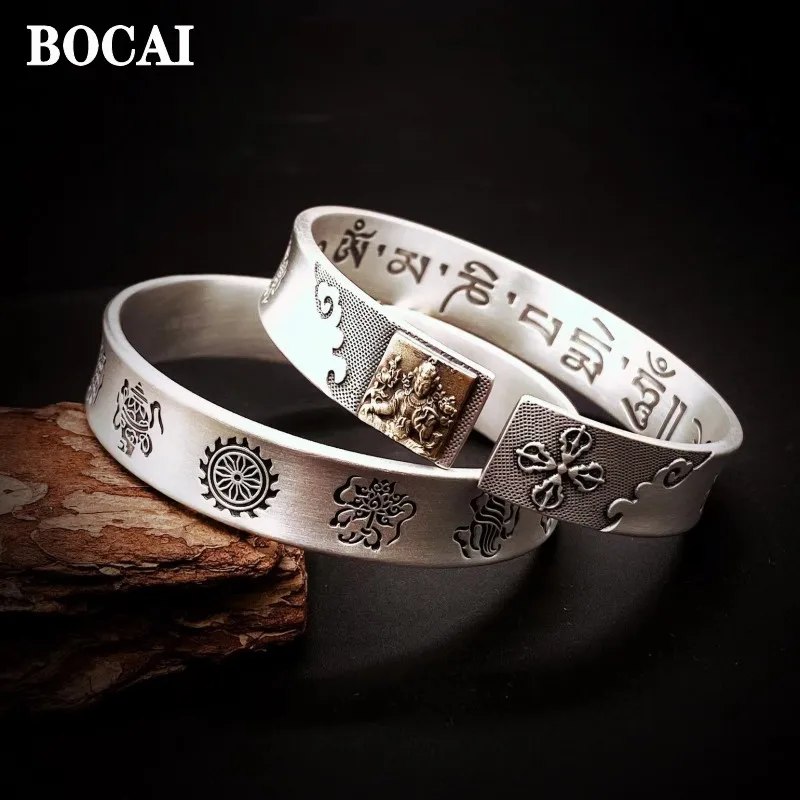 BOCAI New s999 Silver Jewelry Accessories Auspicious Eight Treasures Bronze Buddha Inlaid Six Patrons Men and Women Bracelets