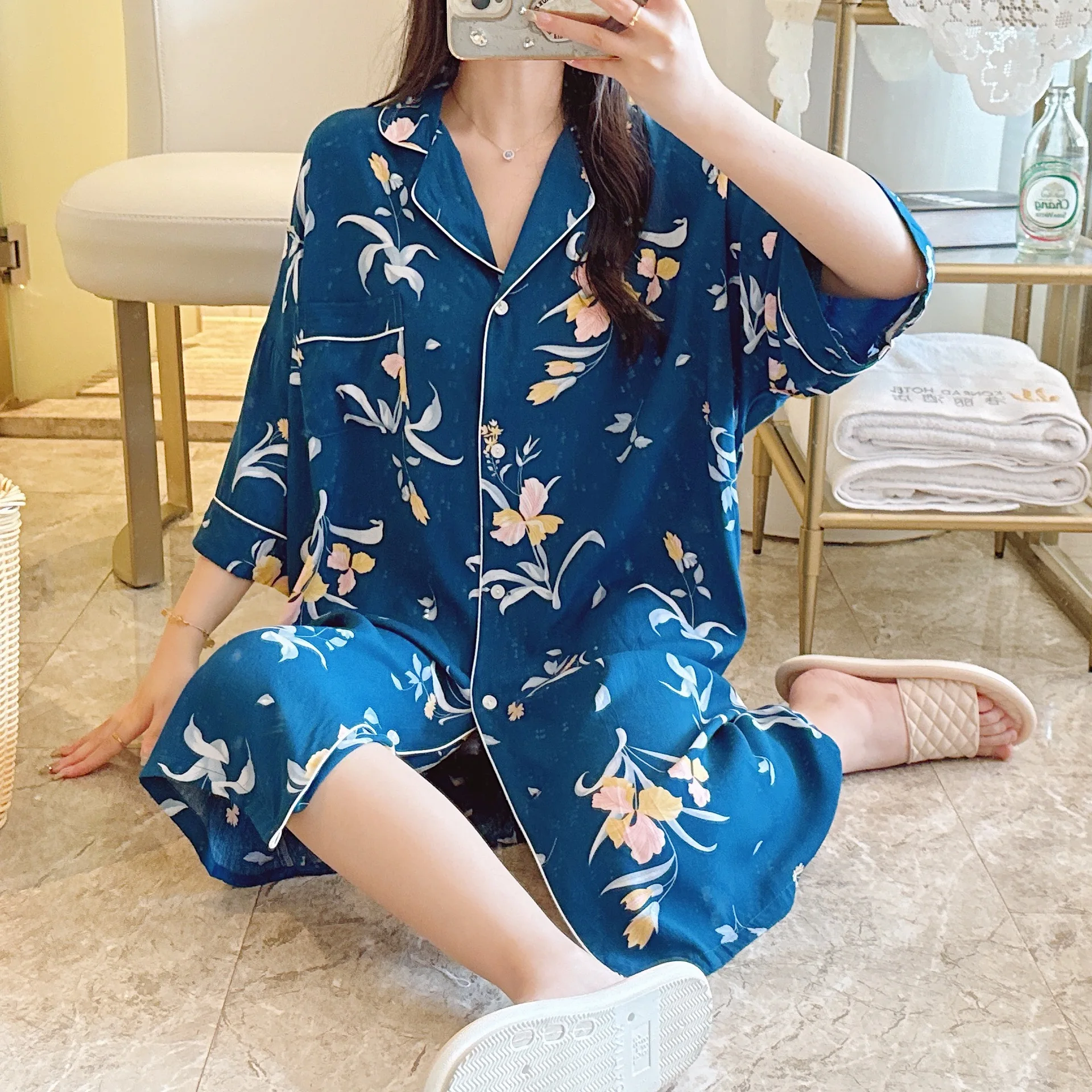 Sommer Damen Print europäischen und amerikanischen neuen halb ärmel igen sexy Baumwolle und Seide Pyjama Damen süße Damen Lounge wear Sommer