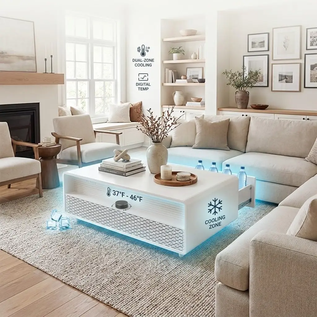 Modern Coffee Table with Built-in Fridge & Power Outlets, White