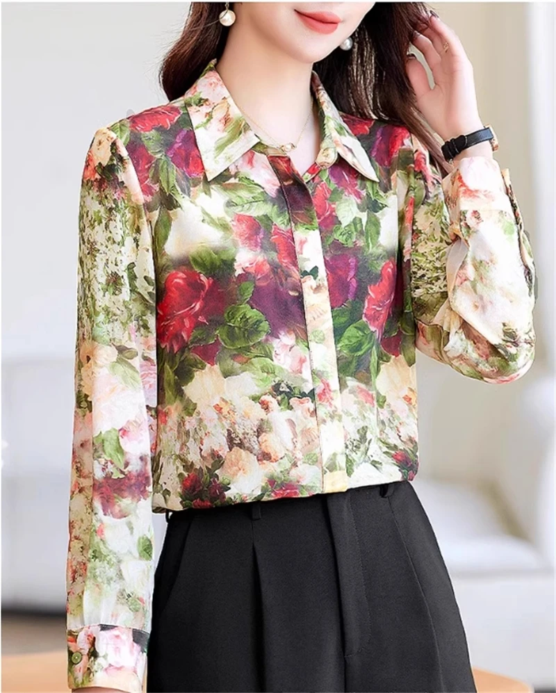 FANIECES S-3XL Vintage Rose Print Women Shirts Elegant Luxury Tops Autumn Long Sleeve Lapel Single-breasted Retro Blouse camisa